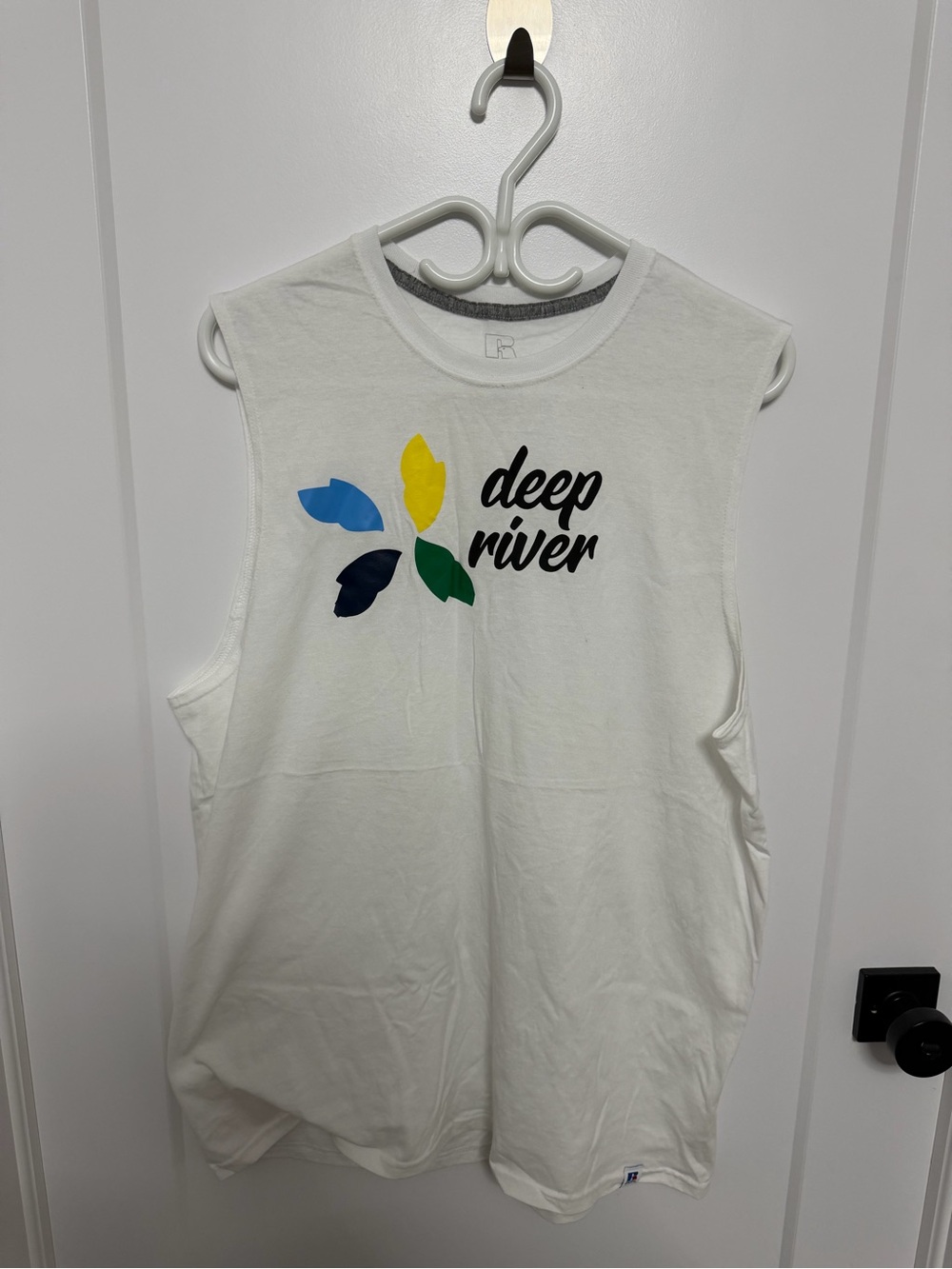 Russell Athletic White 'Deep River' Graphic Tank with Multicolor Leaf Accents